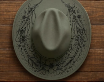 Boho Roses Feather Wide Brim Hat, Laser Hat Burning Design, Digital Download PNG, Hat Burning Template, Hat Laser Engraving Design