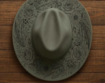 Boho Roses Feather Wide Brim Hat, Laser Hat Burning Design, Digital Download PNG, Hat Burning Template, Hat Laser Engraving Design