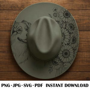 May include: Olive green fedora hat with a dog portrait on the left side and sunflower illustrations on the right side. The hat has a classic brim and crown design. The bottom of the image has the text: PNG • JPG • SVG • PDF • INSTANT DOWNLOAD.