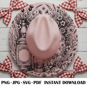 May include: A pink fedora hat with a black and white floral and liquor bottle design. The hat is surrounded by red and white checkered bows. The text "PNG • JPG • SVG • PDF • INSTANT DOWNLOAD" is at the bottom.