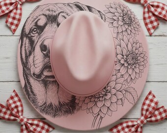 Rottweiler and Dahlia Flowers Wide Brim Hat, Laser Hat Burning Design, Digital Download PNG, Hat Burning Jig, Hat Laser Engraving Stencil