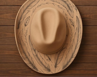 Boho Feather Design Wide Brim Hat, Laser Hat Burning Design, Digital Download PNG, Hat Burning Template, Hat Laser Engraving Design