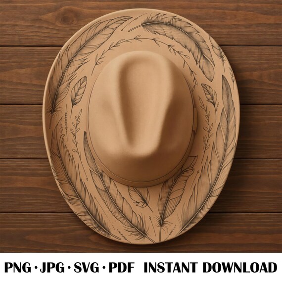 Boho Feather Design Wide Brim Hat, Laser Hat Burning Design  display picture 2