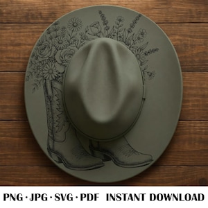 Puede incluir: Un sombrero verde oliva con un diseño floral y un par de botas de vaquero. El sombrero tiene un ala ancha y un pliegue central. El diseño floral incluye rosas, margaritas y otras flores. El texto en la parte inferior dice "PNG • JPG • SVG • PDF • DESCARGA INSTANTÁNEA."