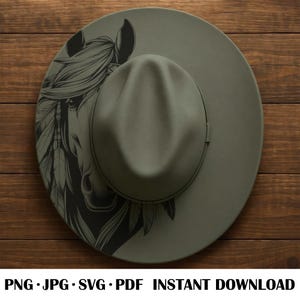 May include: An olive green fedora hat featuring a black horse head and feather design. The hat has a wide brim and a structured crown. The text "PNG • JPG • SVG • PDF • INSTANT DOWNLOAD" is at the bottom.