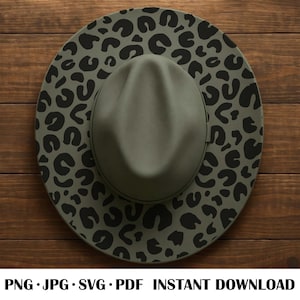 May include: A fedora-style hat with a wide brim, featuring a green crown and a brim patterned with black leopard spots. The hat is set against a wooden background. The text "PNG • JPG • SVG • PDF • INSTANT DOWNLOAD" is at the bottom.