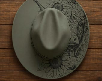 Highland Cow Wide Brim Hat, Laser Hat Burning Stencil, Digital Download PNG, Hat Burning Template, Hat Laser Engraving Design