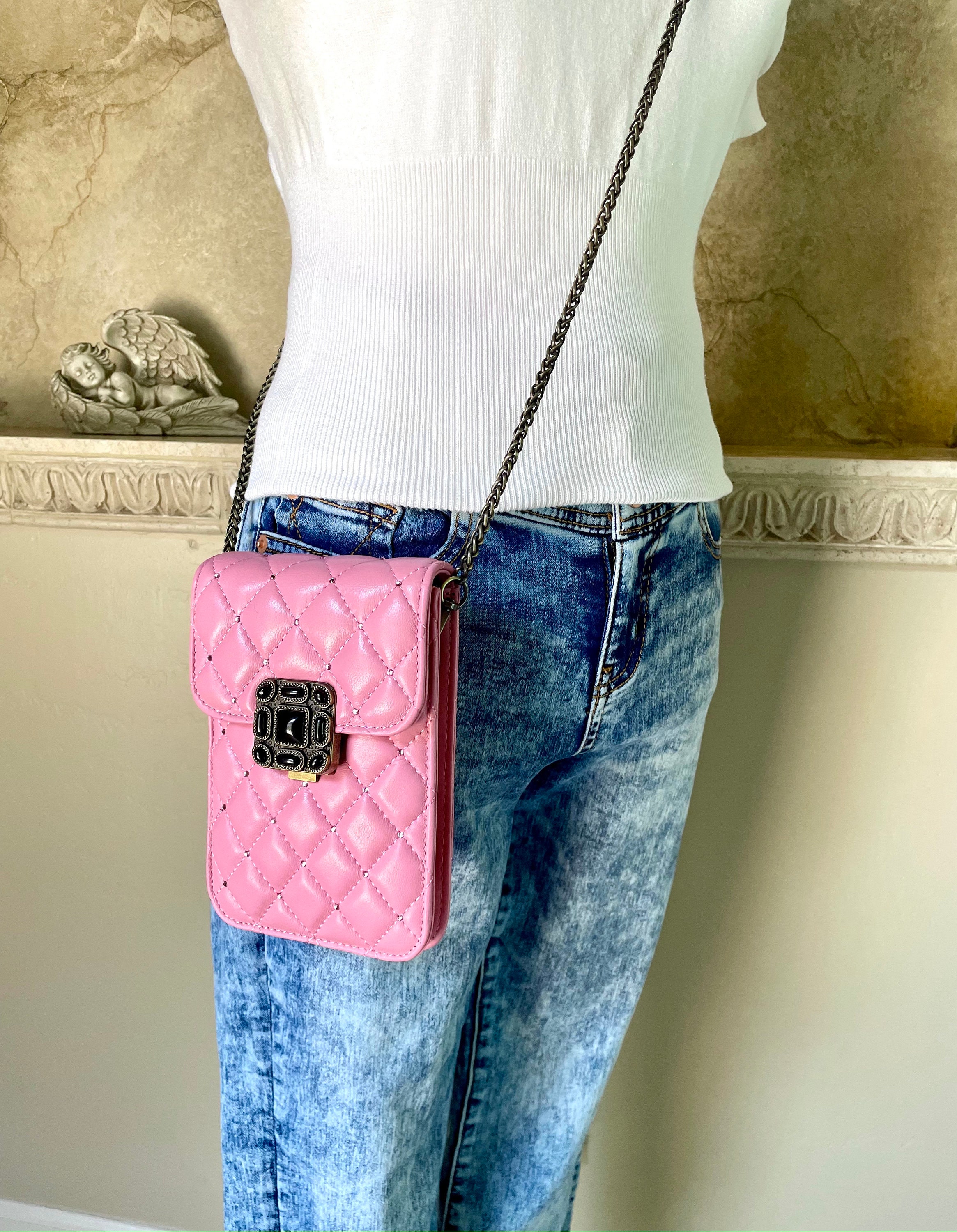 Beautiful Elegant Quilted Crossbody Clutch Handbag Purse Bag Phone Case Made with or Without Swarovski Crystals & Long Strap
