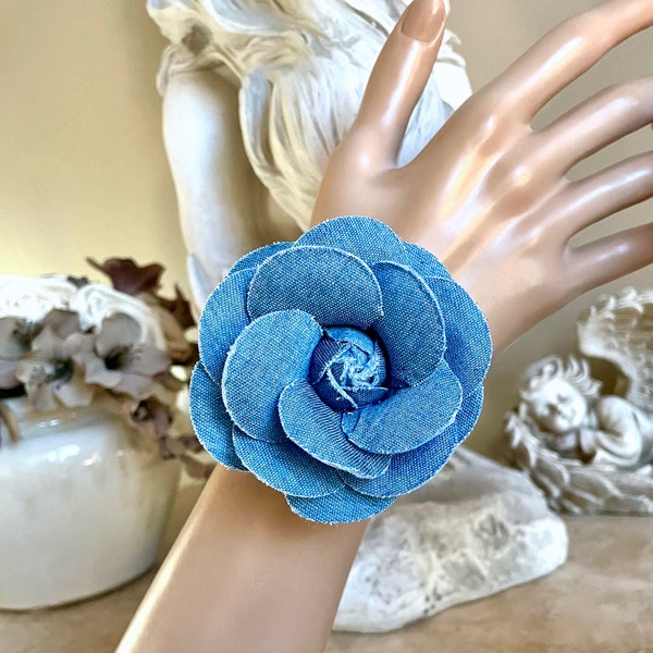 Camellia Flower Silver Shiny Cuff Bracelet, Blue Denim Bracelet with Gift Box, Free US Shipping ~ Pretty