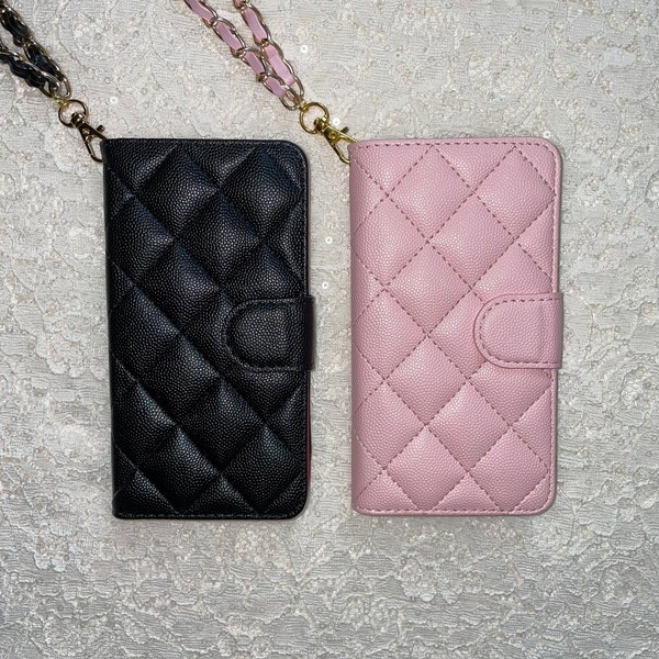 Faux Leather Quilted iPhone 12 13 14 Pro ProMax Plus Wallet Case with Leather Chain Wristlet Handle / Luxury Style Phone Case for Her