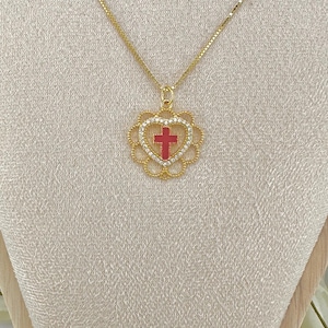 Gold Cross Lace Heart Diamond Zircon CZ Pendant Necklace / 925 Sterling Silver Italian 18k GP Vermeil Chain / Filigree Cross Necklace