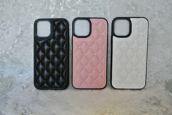 Leather Quilted Luxury Phone Case / iPhone 11 12 13 Pro ProMax / Faux Leather iPhone Fitted Cases with Swarovski Crystals / Pretty!
