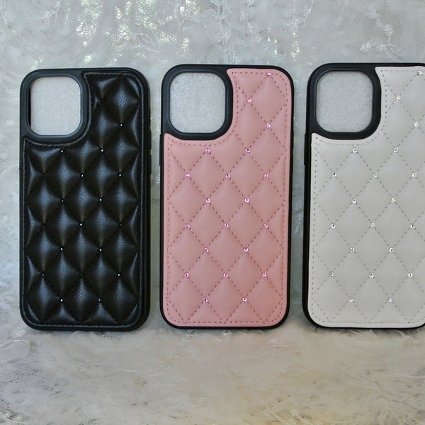 Leather Quilted Luxury Phone Case / iPhone 11 12 13 Pro ProMax / Faux Leather iPhone Fitted Cases with Swarovski Crystals / Pretty!