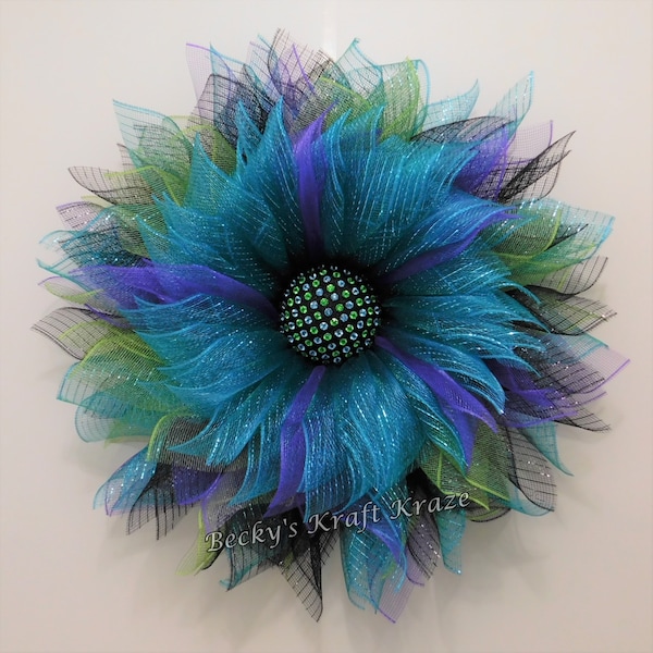 Great Wreath for Spring, Summer, FAll or Winter. Peacock Inspired Deco Mesh Flower Wreath without Feathers.