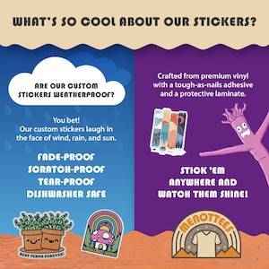 Pu&ograve; includere: Una grafica colorata che mostra i vantaggi degli adesivi personalizzati. Gli adesivi sono resistenti allo sbiadimento, ai graffi, alle lacrime e alla lavastoviglie. Il testo "What's so cool about our stickers?" &egrave; nella parte superiore dell'immagine. Il testo "Are our custom stickers weatherproof?" &egrave; in una forma di nuvola. Il testo "You bet! Our custom stickers laugh in the face of wind, rain, and sun." &egrave; sotto la nuvola. Il testo "Stick 'em anywhere and watch them shine!" &egrave; sul lato destro dell'immagine. Il testo "Crafted from premium vinyl with a tough-as-nails adhesive and a protective laminate." &egrave; sopra il testo "Stick 'em anywhere and watch them shine!"