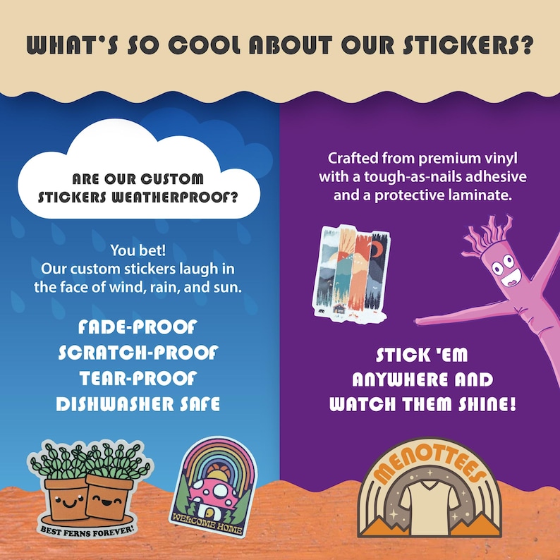 Pu&ograve; includere: Una grafica colorata che mostra i vantaggi degli adesivi personalizzati. Gli adesivi sono resistenti allo sbiadimento, ai graffi, alle lacrime e alla lavastoviglie. Il testo "What's so cool about our stickers?" &egrave; nella parte superiore dell'immagine. Il testo "Are our custom stickers weatherproof?" &egrave; in una forma di nuvola. Il testo "You bet! Our custom stickers laugh in the face of wind, rain, and sun." &egrave; sotto la nuvola. Il testo "Stick 'em anywhere and watch them shine!" &egrave; sul lato destro dell'immagine. Il testo "Crafted from premium vinyl with a tough-as-nails adhesive and a protective laminate." &egrave; sopra il testo "Stick 'em anywhere and watch them shine!"