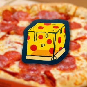 May include: A cartoon illustration of a yellow cheese cube with red dots and a dripping effect. The cheese cube is on a blue background and has a white border.