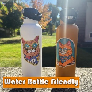 Pu&ograve; includere: Due bottiglie d'acqua con adesivi di gatto. Gli adesivi mostrano un gatto con occhiali da sole e una bandana con un segno di pace. Una bottiglia &egrave; bianca e l'altra &egrave; arancione. Il testo "Water Bottle Friendly" &egrave; in basso nell'immagine.