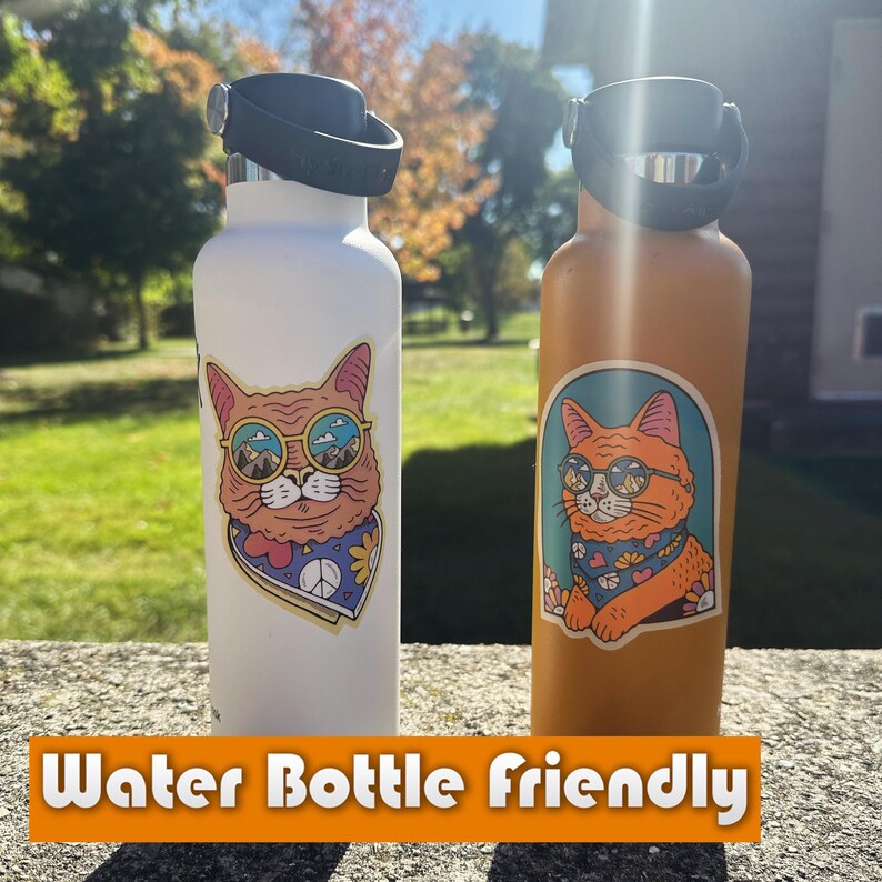Pu&ograve; includere: Due bottiglie d'acqua con adesivi di gatto. Gli adesivi mostrano un gatto con occhiali da sole e una bandana con un segno di pace. Una bottiglia &egrave; bianca e l'altra &egrave; arancione. Il testo "Water Bottle Friendly" &egrave; in basso nell'immagine.