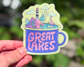 GREAT LAKES MUG // Waterproof Vinyl Sticker // Lighthouse, Sailboat, Sun, Clouds // Water Bottle, Laptop, Notebook, Car - 4"