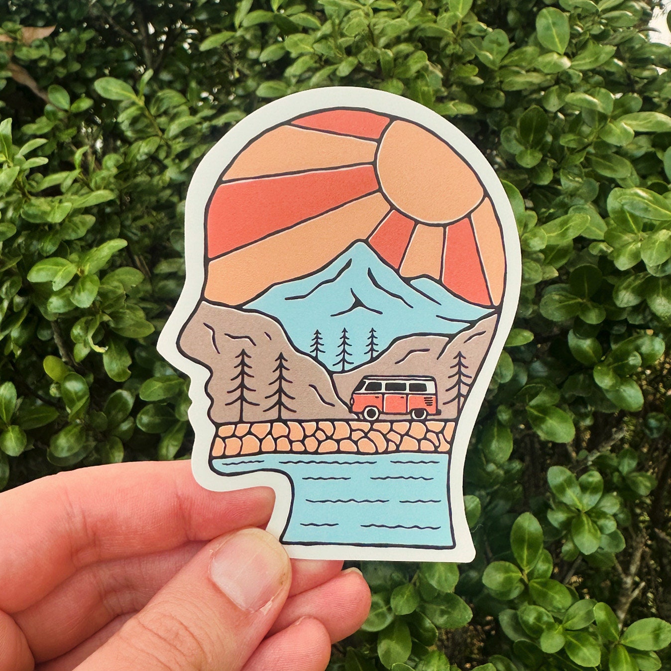 A SUNSHINE MIND // Weatherproof Vinyl Nature Sticker // Mountains, Van, Lake, Trees // Water Bottle, Laptop, Notebook, Car - 4"
