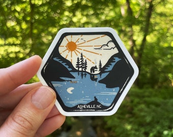 REFLECTION (ASHEVILLE) // Weatherproof Vinyl Nature Sticker // Sun, Moon, Cabin, Lake // Water Bottle, Laptop, Notebook, Car - 3"