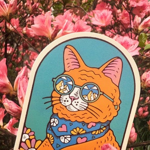 Pu&ograve; includere: Un adesivo con un gatto arancione dei cartoni animati che indossa occhiali rotondi con un paesaggio montano riflesso nelle lenti. Il gatto indossa una sciarpa colorata con cuori e motivi geometrici. Lo sfondo &egrave; blu turchese.