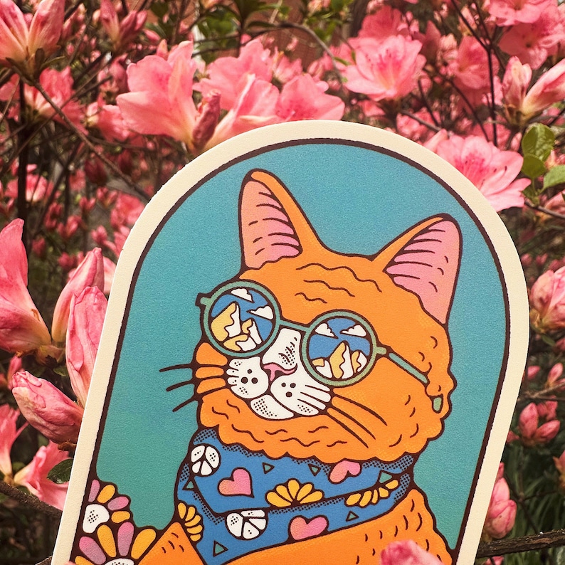 Pu&ograve; includere: Un adesivo con un gatto arancione dei cartoni animati che indossa occhiali rotondi con un paesaggio montano riflesso nelle lenti. Il gatto indossa una sciarpa colorata con cuori e motivi geometrici. Lo sfondo &egrave; blu turchese.