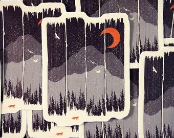WINTER MOUNTAIN WEATHER // Waterproof Vinyl Sticker // Fox, Snow, Moon // Water Bottle, Laptop, Notebook Car - 3"