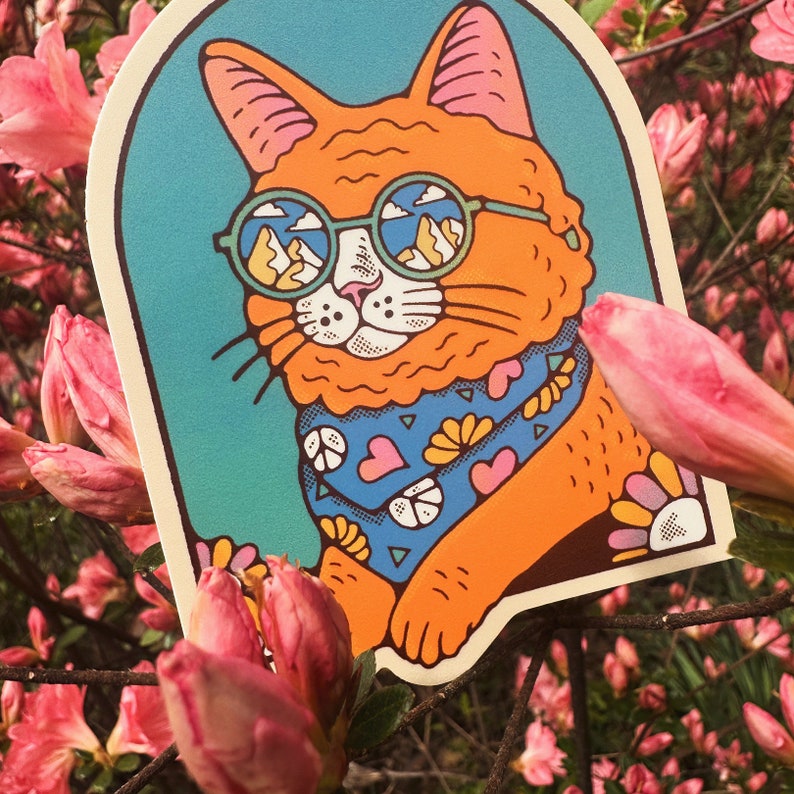 Pu&ograve; includere: Un adesivo con un gatto arancione dei cartoni animati che indossa occhiali da sole con un paesaggio montano riflesso nelle lenti. Il gatto indossa un bandana blu con simboli di pace, cuori e fiori. Lo sfondo &egrave; blu turchese.