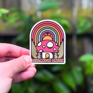 WELCOME HOME (Summer MUSHROOM House) // Waterproof Vinyl Sticker // Water Bottle, Notebook, Laptop, Car - 3”