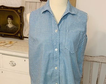 Traje de maternidad, ropa de maternidad hecha a mano vintage de los años 1950, pantalones cortos de algodón blanco de cintura ajustable y blusa sin mangas de Gingham azul Japón