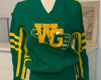 Uniforme da cheerleader, Vtg 1970 Green Gold High School Cheer Letter Maglione W 8 Pin Sz 36 e Gonna a pieghe in lana Sz 5, Costume da cheerleader