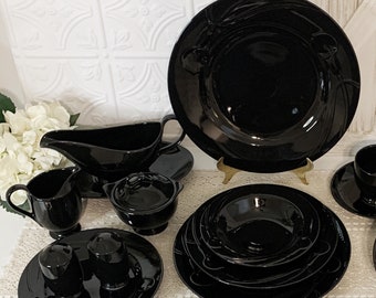 Mikasa Classic Flair Midnight Black Dinnerware Pieces, RARE 1990 China W Embossed Calla Lily, Dinner / Salad Plates, Soup / Fruit Bowls +