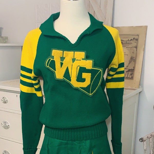 Cheerleading Uniform, Vintage 1970's Green Gold High School Cheer Letter Sweater Size 36 & Wool Pleated Skirt Size 5, Cheerleader Costume