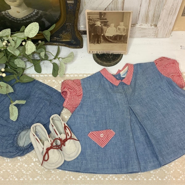 Baby Clothes, Vintage 1960's Nannette Baby Dress & Bloomers, Denim With Red Gingham Trim, Gertrude's White Suede Shoes With Red Laces Size 2