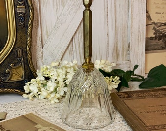 Lead Crystal Bell, Vintage Crystal Collectible Bell With Solid Brass Handle, Paneled Diamond Cut Pattern, Clear Glass Bell, 7.5"