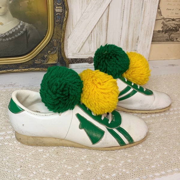 Saddle Shoes, Vintage 1970's Color Pacers White Leather Cheerleading Shoes, 4 Green Gold Shoe Lace Pom Poms Cheer Cheerleader Shoes Size 6.5