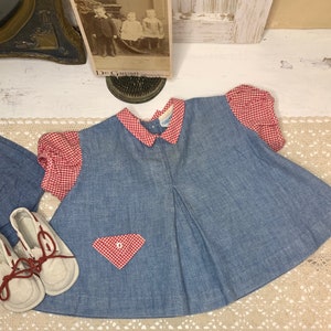 Baby Clothes, Vintage 1960's Nannette Baby Dress & Bloomers, Denim With Red Gingham Trim, Gertrude's White Suede Shoes With Red Laces Size 2 image 2