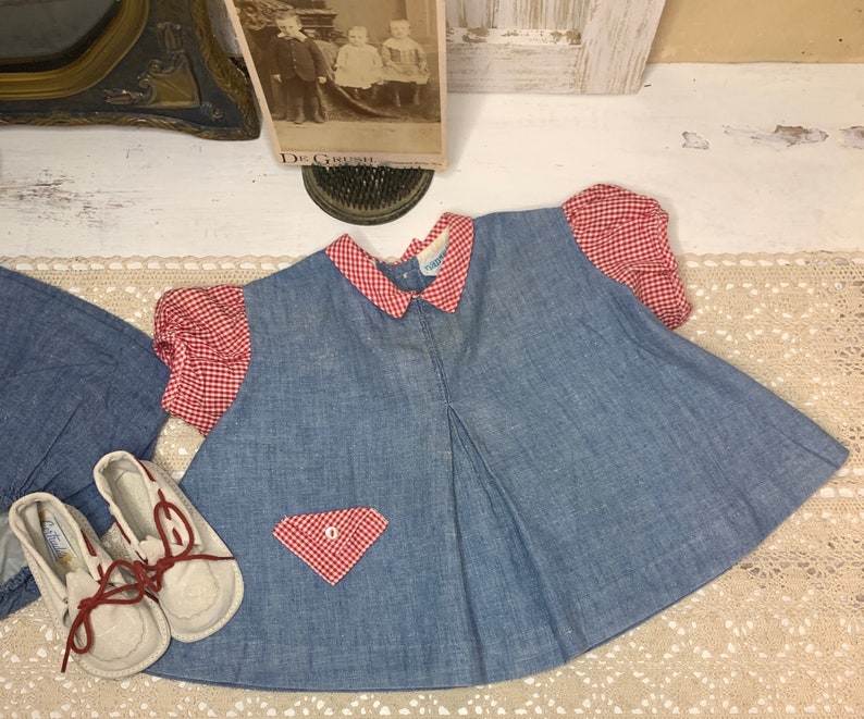 Baby Clothes, Vintage 1960's Nannette Baby Dress & Bloomers, Denim With Red Gingham Trim, Gertrude's White Suede Shoes With Red Laces Size 2 image 2