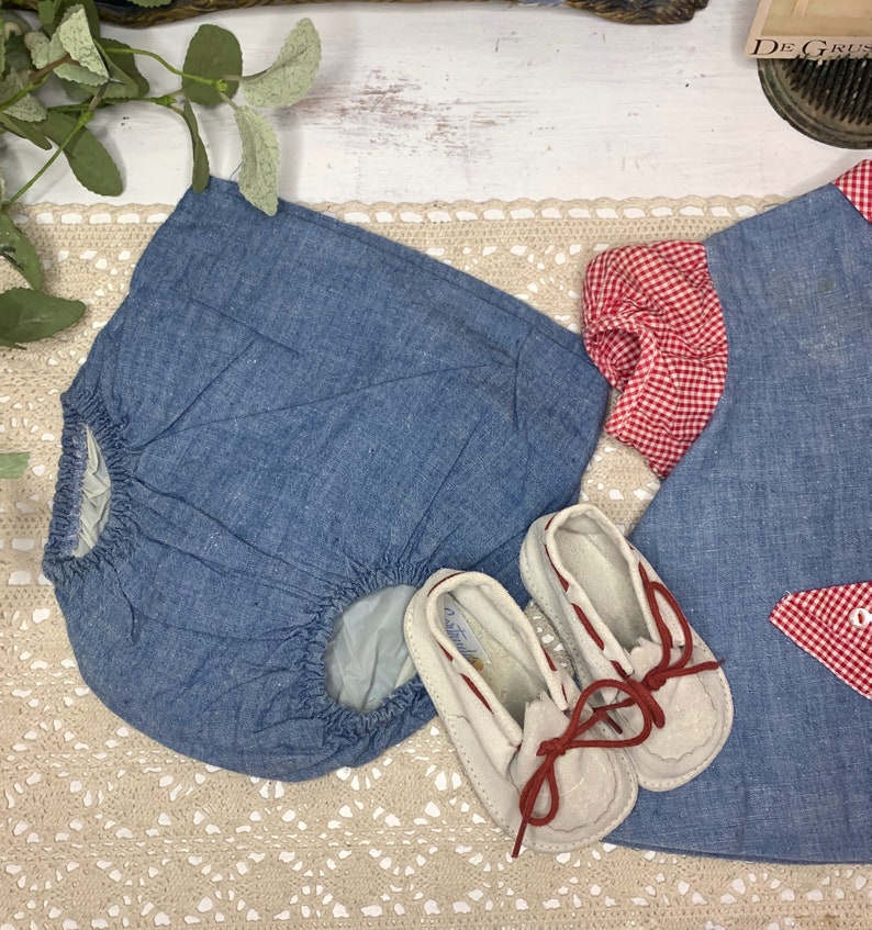 Baby Clothes, Vintage 1960's Nannette Baby Dress & Bloomers, Denim With Red Gingham Trim, Gertrude's White Suede Shoes With Red Laces Size 2 image 5