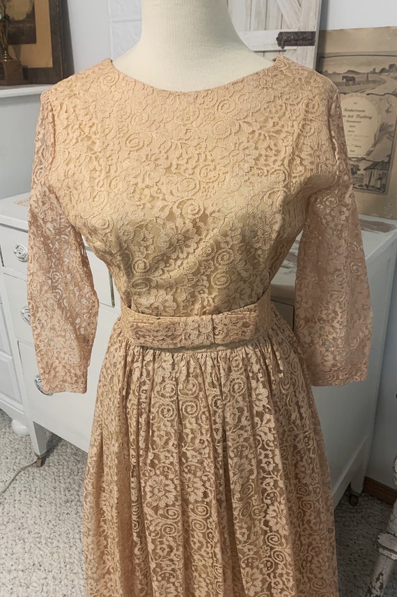 Lace Skirted Dress, Vintage 1950's Beige Lace Full