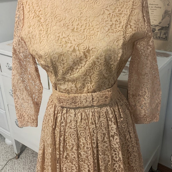 Lace Skirted Dress, Vintage 1950's Beige Lace Full Skirted Semi Formal Party Dress, Wedding Trousseau, Retro Fit & Flair, Handmade, Lined