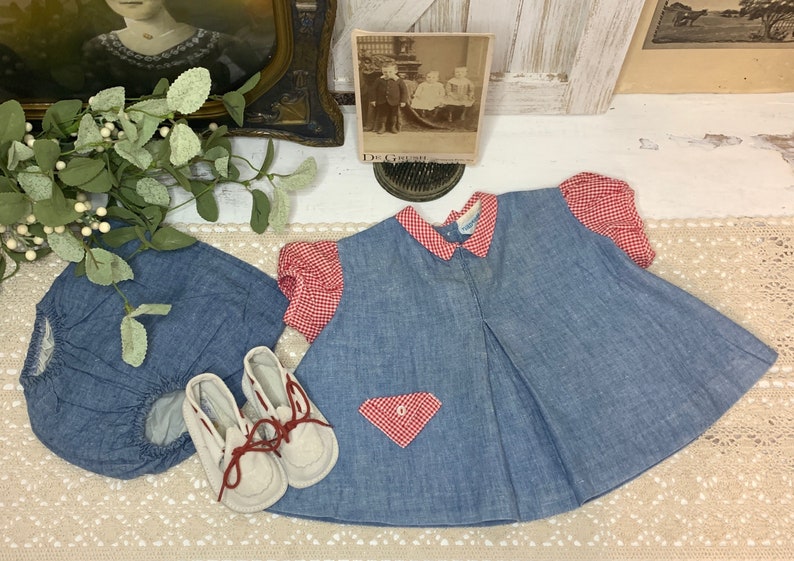 Baby Clothes, Vintage 1960's Nannette Baby Dress & Bloomers, Denim With Red Gingham Trim, Gertrude's White Suede Shoes With Red Laces Size 2 image 1