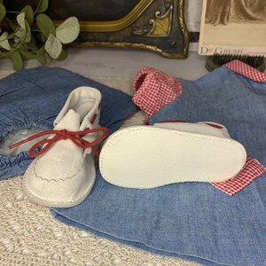 Baby Clothes, Vintage 1960's Nannette Baby Dress & Bloomers, Denim With Red Gingham Trim, Gertrude's White Suede Shoes With Red Laces Size 2 image 7