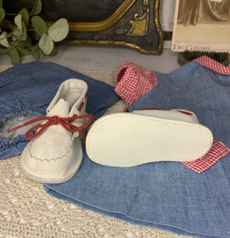 Baby Clothes, Vintage 1960's Nannette Baby Dress & Bloomers, Denim With Red Gingham Trim, Gertrude's White Suede Shoes With Red Laces Size 2 image 7