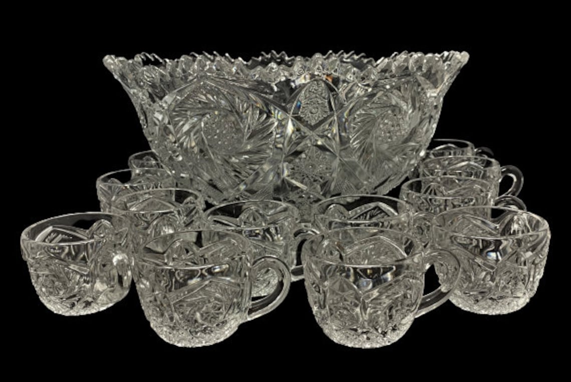 Vintage Punch Bowl Set Imperial GlassOhio Whirling Star Clear Etsy