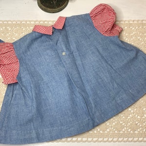 Baby Clothes, Vintage 1960's Nannette Baby Dress & Bloomers, Denim With Red Gingham Trim, Gertrude's White Suede Shoes With Red Laces Size 2 image 3