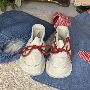 Baby Clothes, Vintage 1960's Nannette Baby Dress & Bloomers, Denim With Red Gingham Trim, Gertrude's White Suede Shoes With Red Laces Size 2 image 6