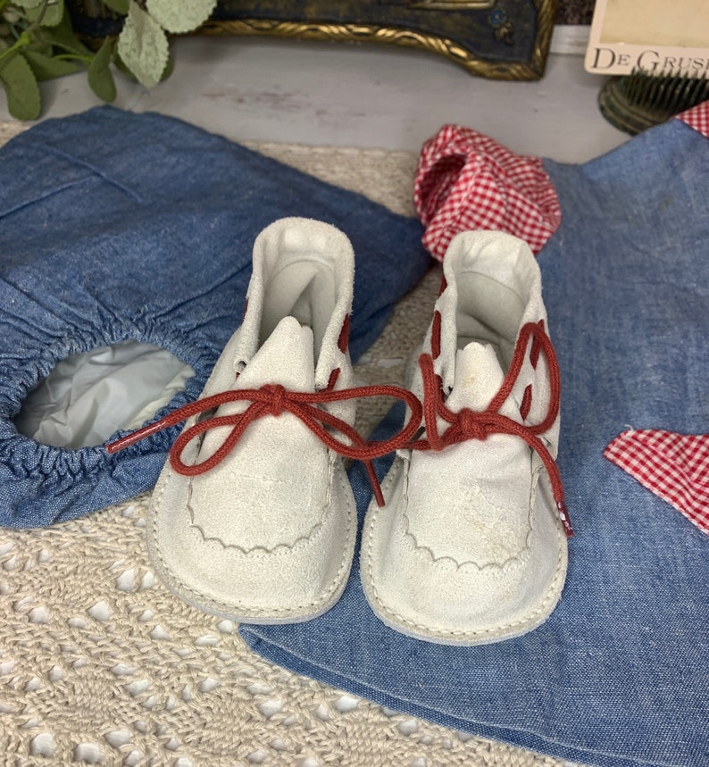 Baby Clothes, Vintage 1960's Nannette Baby Dress & Bloomers, Denim With Red Gingham Trim, Gertrude's White Suede Shoes With Red Laces Size 2 image 6
